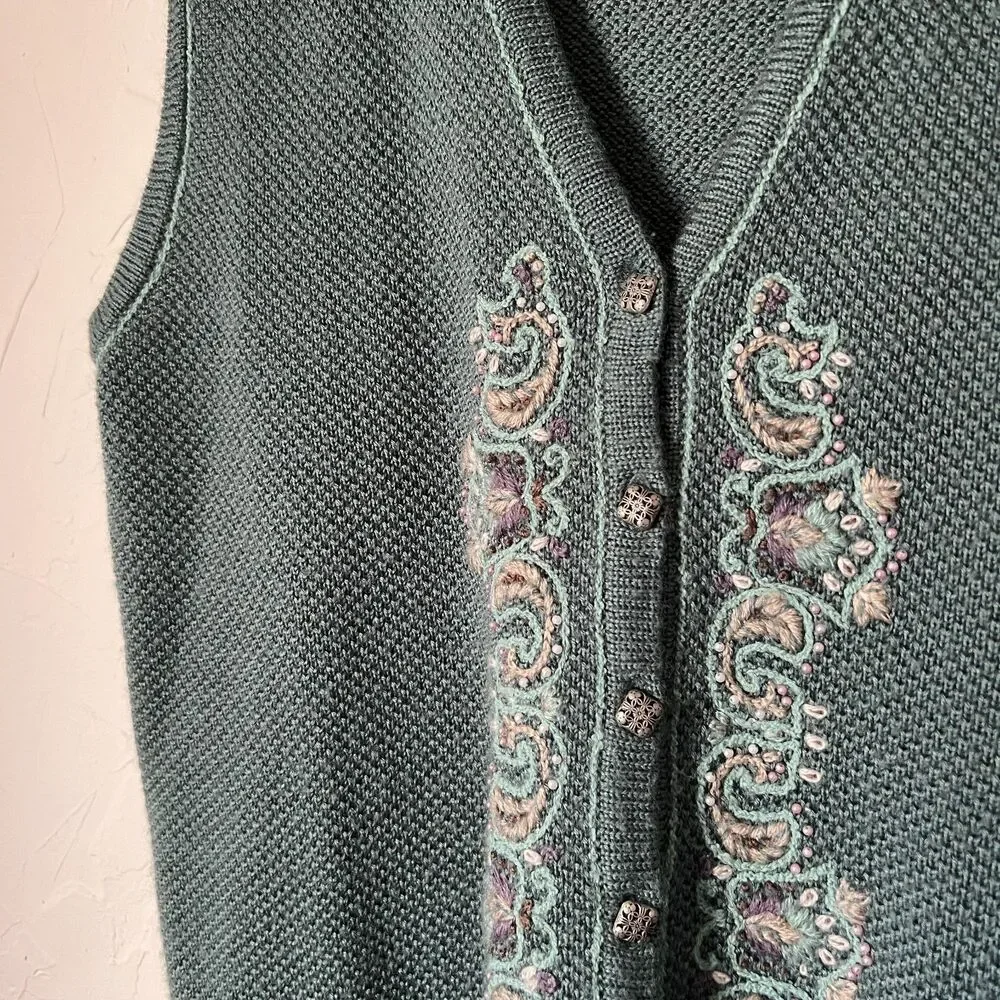 VTG Koret Teal Knit Sweater Vest Embroidered Wool Blend‎ Cottagecore Boho Size S